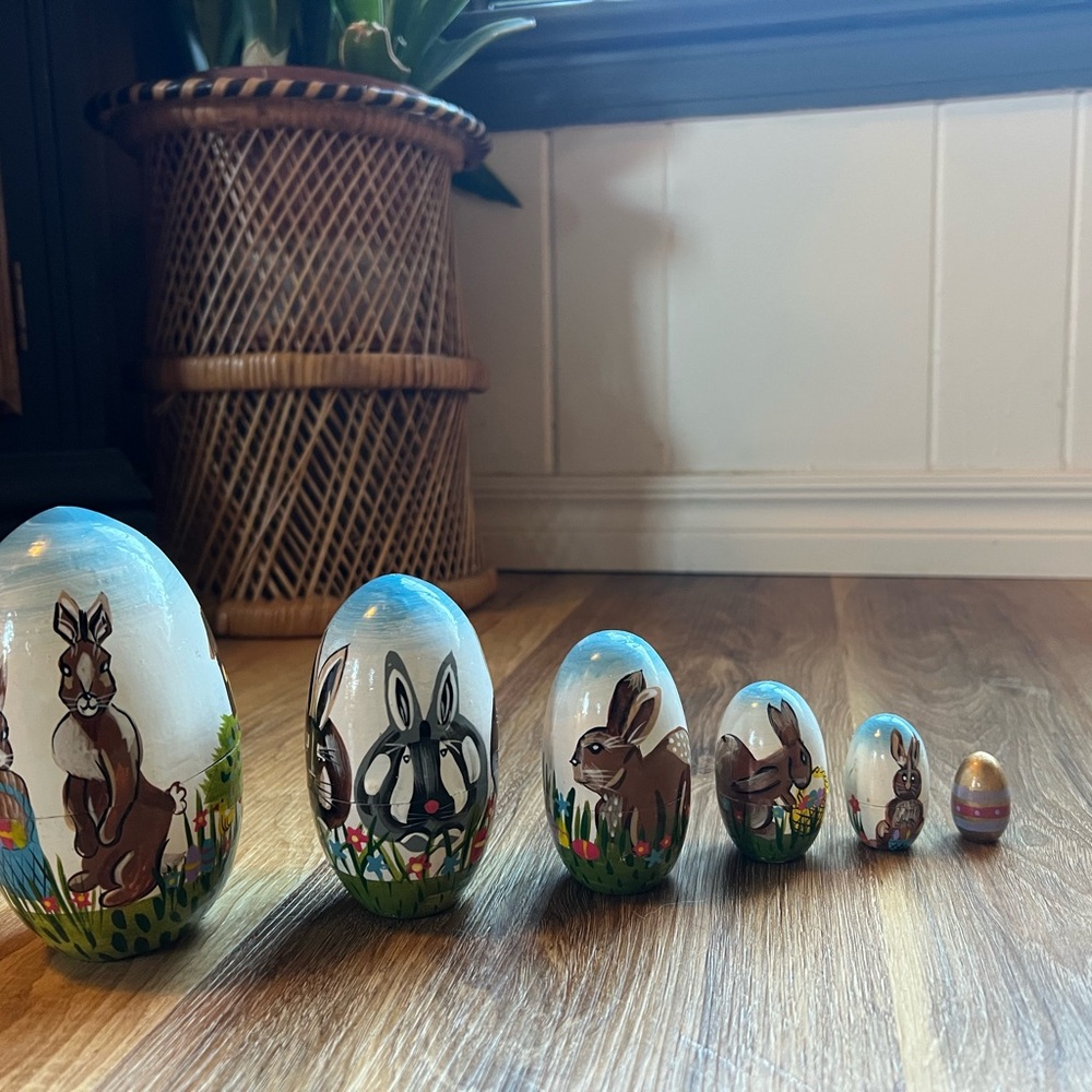 Vintage Hand-Painted Nesting Bunny Eggs — Set of 6